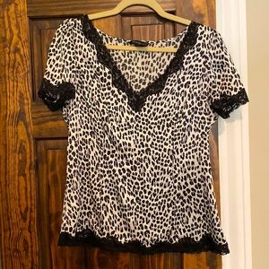 Silk and lace cheetah/leopard print short sleeve blouse - beautiful!